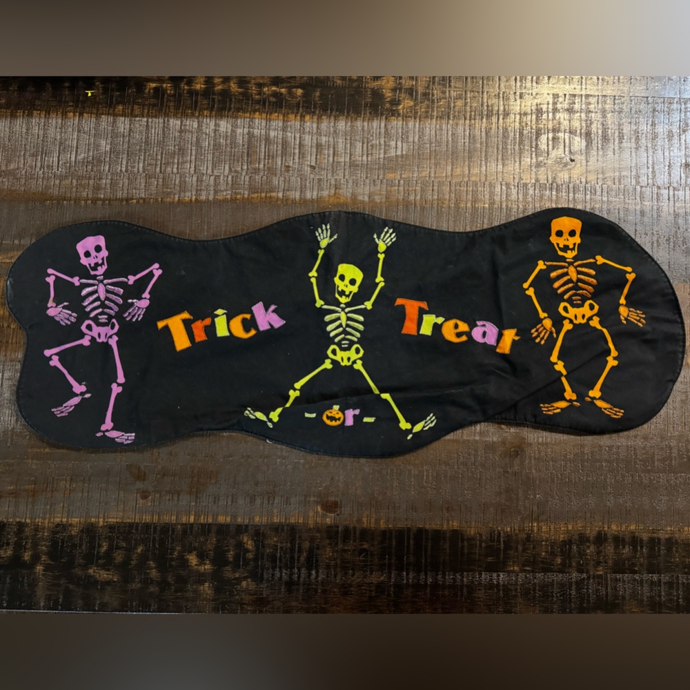 Halloween Skeleton Table Runner Black Embroidered Neon Trick Or Treat Skeletons